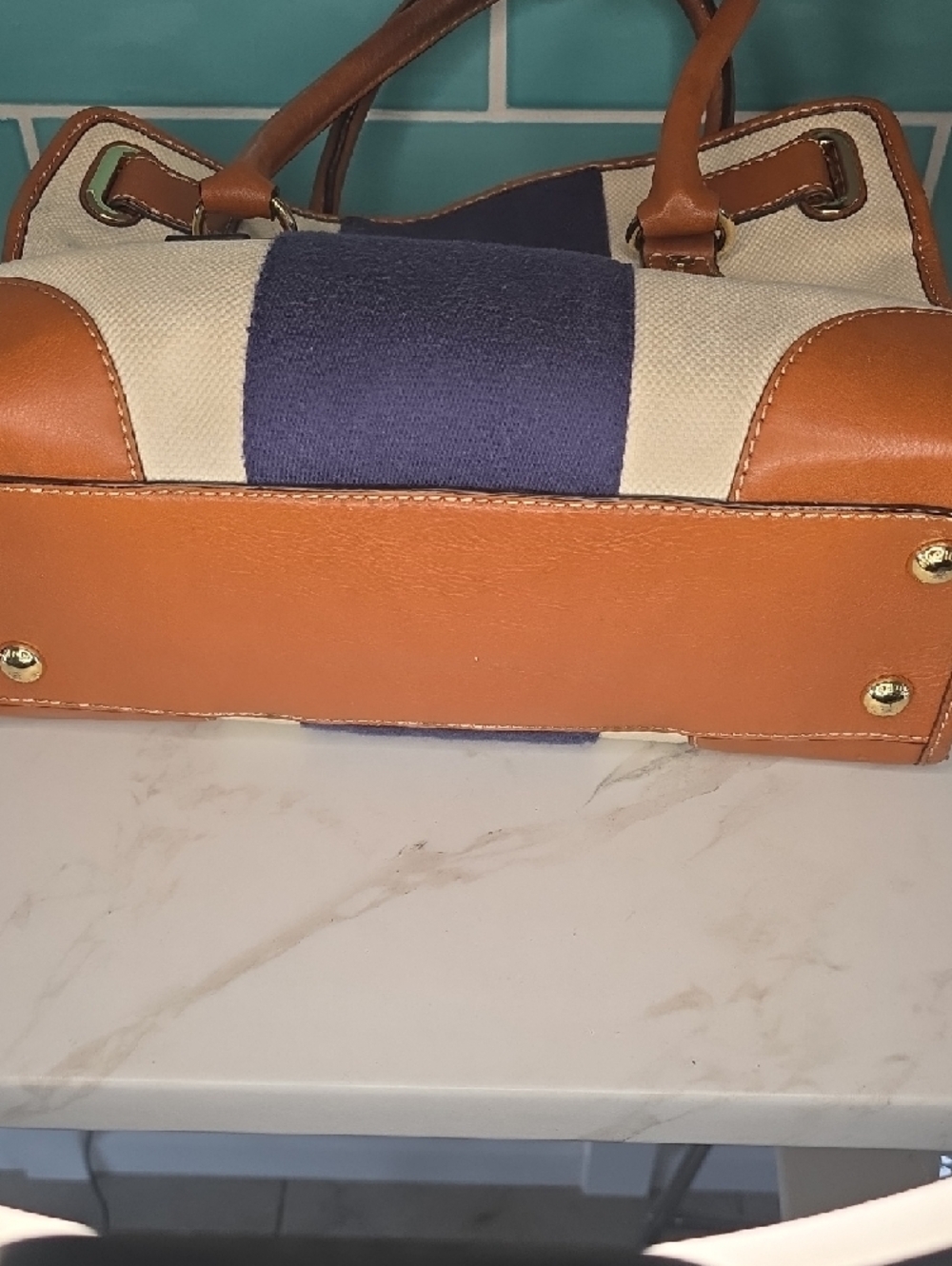 Michael Kors Hamilton MonoNavy and Tan Stripe Canvas Tote with Gold Hardware - Picture 8 of 14